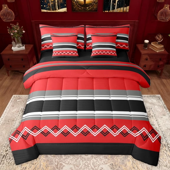 Homewish Simple Red Abstract Bedding Comforter Set 7 Pieces, Chic Stripes Ombre Full Bedding Set, Teens Child Adult Women Reversible Fitted Sheet Flat Sheet, Microfiber Bedroom Decor