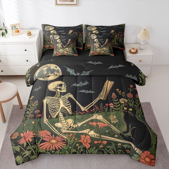 Homewish Skeleton Bats Cat 7-Piece Twin Bedding,Vintage Floral Plants Bedding Comforter Set,Halloween Bed Set,Black Reversible