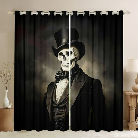 Homewish Skeleton Print Curtains Pack of 2 (42x84 Each),Gothic Theme Curtains Blackout,Black Gray Bedroom Curtains For Girls Kids,Super Cozy Room Decor