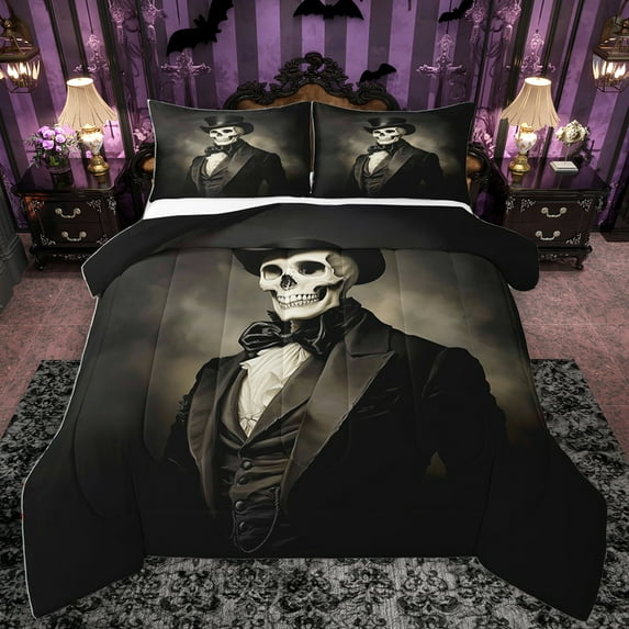 Homewish Skeleton Print Full Size Comforter Sets,Gothic Theme Bedding Comforter Set,Black Gray Bedding Sets For Girls Kids,Super Cozy Room Decor Reversible,3pcs