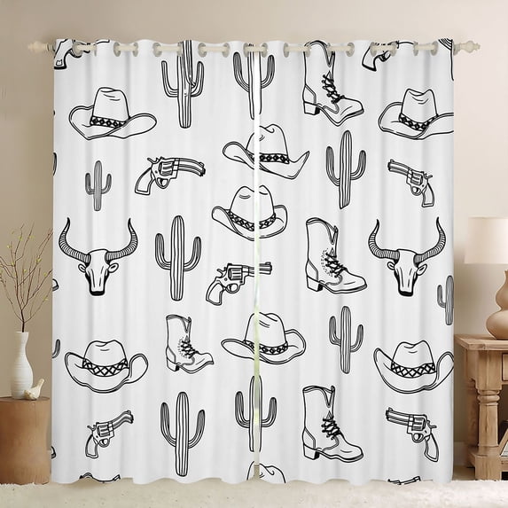 Homewish Sketch Cowboy Hot Boots Kitchen Curtains,Desert Cactus Black Out Curtains Pack of 2 (42x63 Each),White