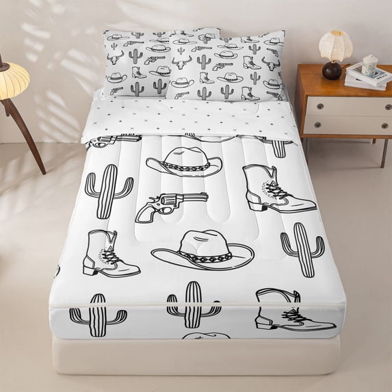 Homewish Sketch Cowboy Hot Boots Zipper Queen Comforter Set with Fitted Sheet and 2 Pillowcases,Desert Cactus Zipper Bedding Set,White,Reversible,4pcs