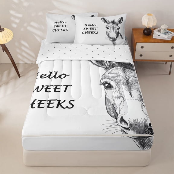 Homewish Sketch Donkey "Hello Sweet Cheeks" Print Zipper Full Size Comforter Sets with Fitted Sheet and 2 Pillowcases,Funny Farm Zipper Bedding Set For Kids Boys And Girls,Reversible,4-Piece
