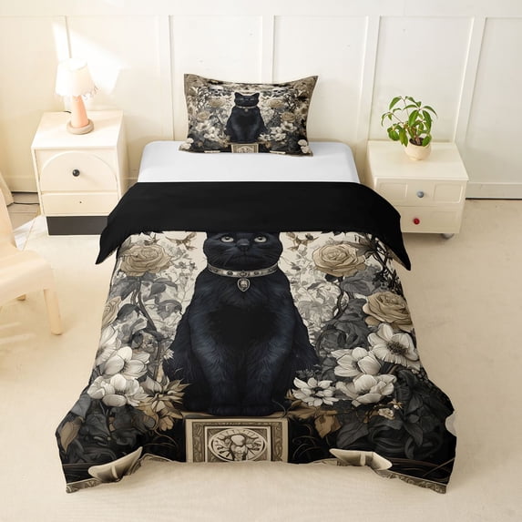 Homewish Skull Black Cat Twin Duvet Cover,Vintage Flowers Twin Bedding,Cream Black,Halloween Comforter Cover,Black Reversible,2pcs,1 Duvet Cover and 1 Pillowcase