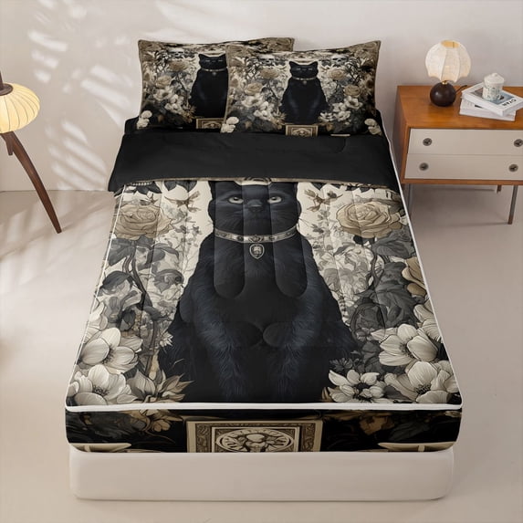 Homewish Skull Black Cat Zipper Twin Comforter Sets with Fitted Sheet and 2 Pillowcases,Vintage Flowers Zipper Bedding Set,Cream Black,Halloween Bed Set,Black Reversible,4pcs