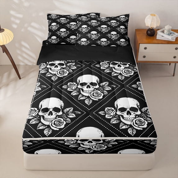 Homewish Skull Flowers Plaid Zipper Queen Comforter Set with Fitted Sheet and 2 Pillowcases,Gothic Halloween Zipper Bedding Set,Black White,Black Reversible,4pcs