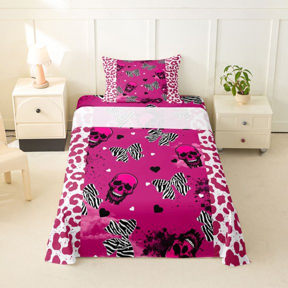 Homewish Skull Leopard Print Twin Sheets,Zebra Bow Pattern Bedding,Pink,Halloween Bed Set,3 Pieces,1 Fitted Sheet and 1 Pillowcase