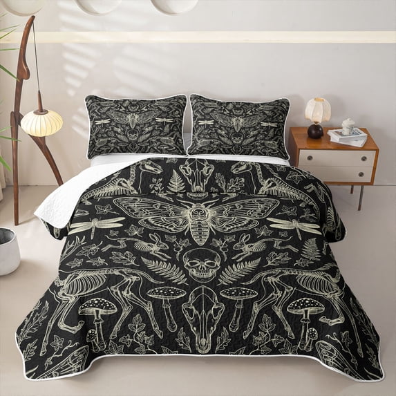 Homewish Skull Months Dragonflies Twin Quilt Set,Grunge Damask Twin Coverlet Set,Halloween Duvet,2 Pieces