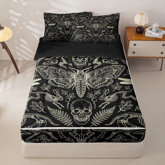Homewish Skull Months Dragonflies Zipper Twin Comforter Sets with Fitted Sheet and 2 Pillowcases,Grunge Damask Zipper Bedding Set,Halloween Bed Set,Black Reversible,4pcs