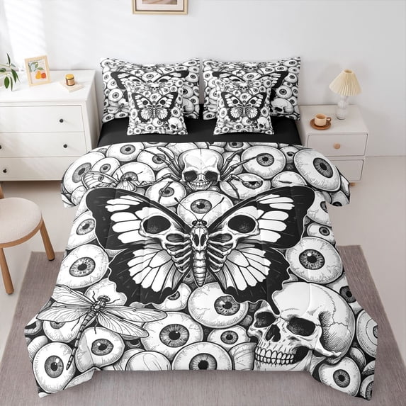 Homewish Skull Moth Damask 7-Piece Twin Bedding,Gothic Halloween Bedding Comforter Set,White Black,Black Reversible