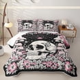 thumbnail image 1 of Homewish Skull Skeleton Bed Spread Queen,Pink Floral Mushrooms Queen Coverlet Set,Halloween Duvet,3pcs, 1 of 7
