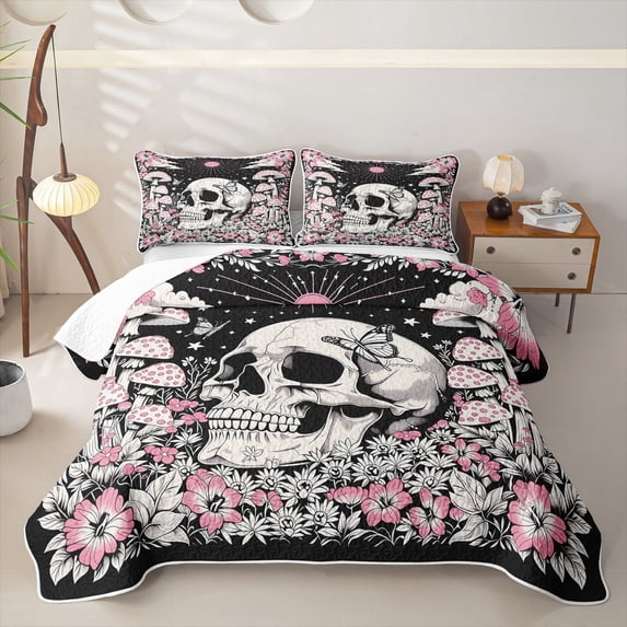 Homewish Skull Skeleton Bed Spread Queen,Pink Floral Mushrooms Queen Coverlet Set,Halloween Duvet,3pcs