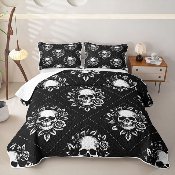 Homewish Skull Skeleton Checkered Quilt Full,Goth Rose Full Bedspread Sets,Halloween Duvet,3 Pieces