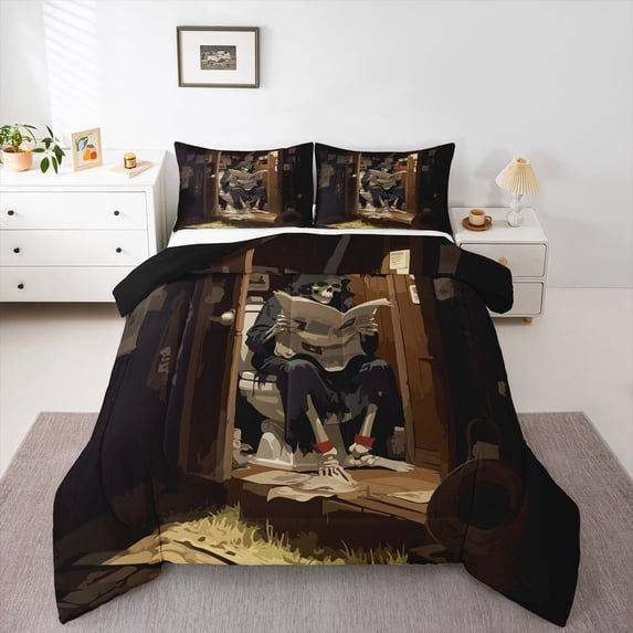 Homewish Skull Skeleton Full Size Comforter Sets,Halloween Themed Bedding Comforter Set,Brown,Black Reversible,3pcs,1 Comforter and 2 Pillowcases