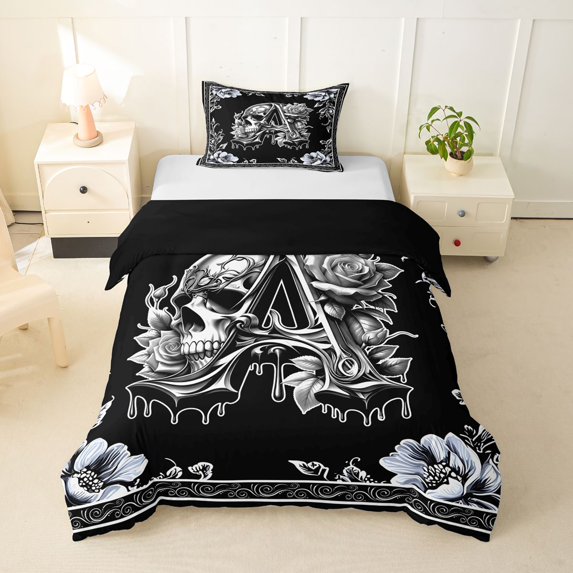 Homewish Skull Skeleton Letter A Twin Duvet Cover,Halloween Gothic Floral Twin Bedding,Black Reversible,2 Pieces,1 Duvet Cover and 1 Pillowcase