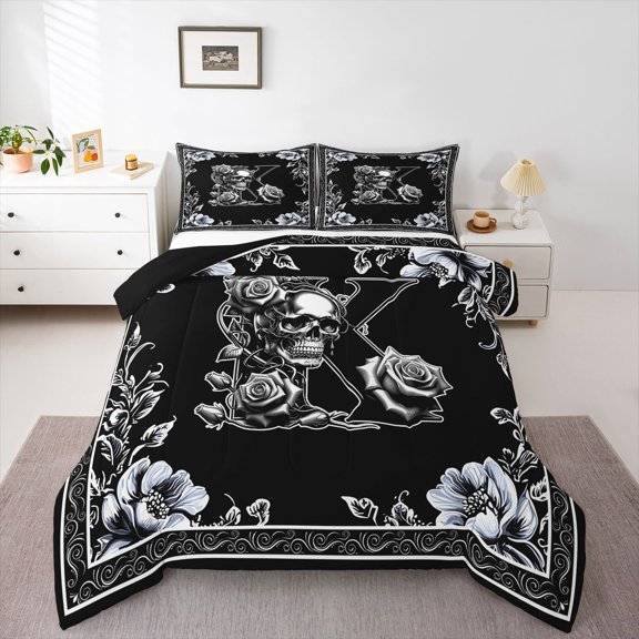 Homewish Skull Skeleton Letter K Queen Comforter Set,Hipple Halloween Flowers Comforter Sets Queen,Black White,Black Reversible,3 Pieces,1 Comforter and 2 Pillowcases