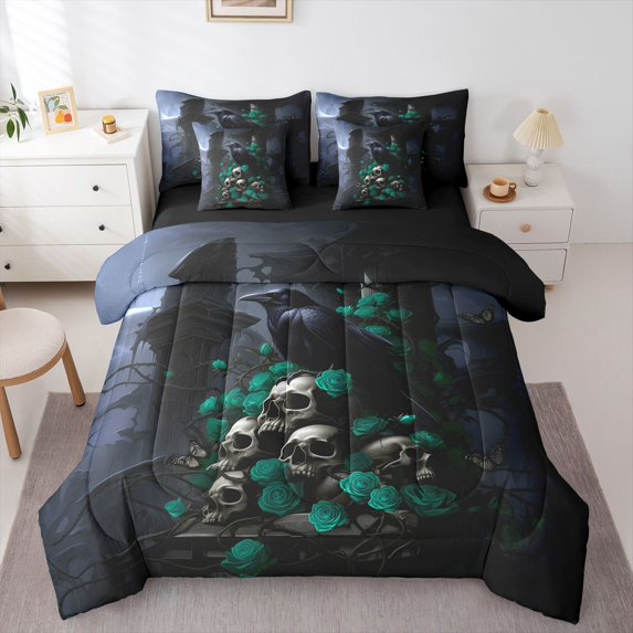 Homewish Skull Skeleton Raven 7-Piece Twin Bedding,Green Rose Bedding Comforter Set,Happy Halloween Bed Set,Black Reversible