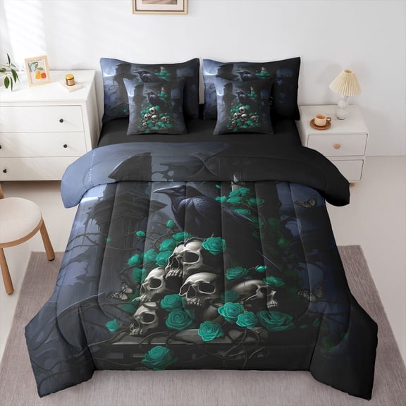 Homewish Skull Skeleton Raven 7 Pieces Full Size Bedding Sets,Green Rose Full Size Bed in a Bag,Happy Halloween Bed Set,Black Reversible