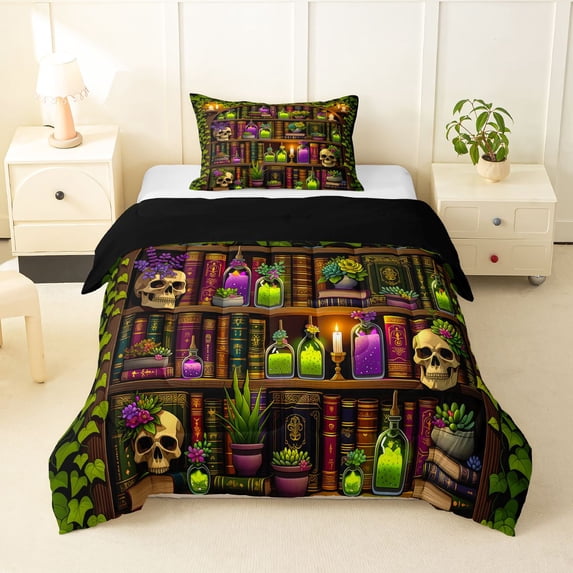 Homewish Skull Skeleton Twin Comforter Sets,Vintage Bookshelf Bedding Set,Halloween Duvet,Black Reversible,2 Pieces,1 Comforter and 1 Pillowcase
