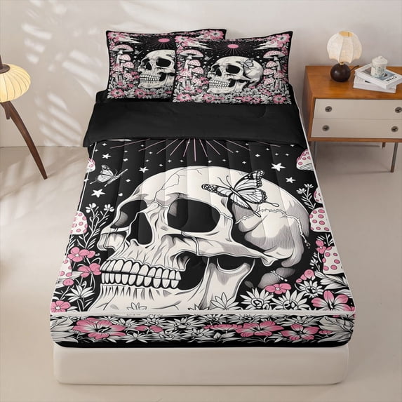 Homewish Skull Skeleton Zipper Full Size Comforter Sets with Fitted Sheet and 2 Pillowcases,Pink Floral Mushrooms Zipper Bedding Set,Halloween Bed Set,Black Reversible,4pcs