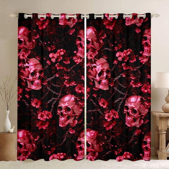Homewish Skull Skeletons Blackout Curtains Set of 2 (52x84 Each),Happy Halloween Curtain,Red Floral Living Room Curtains