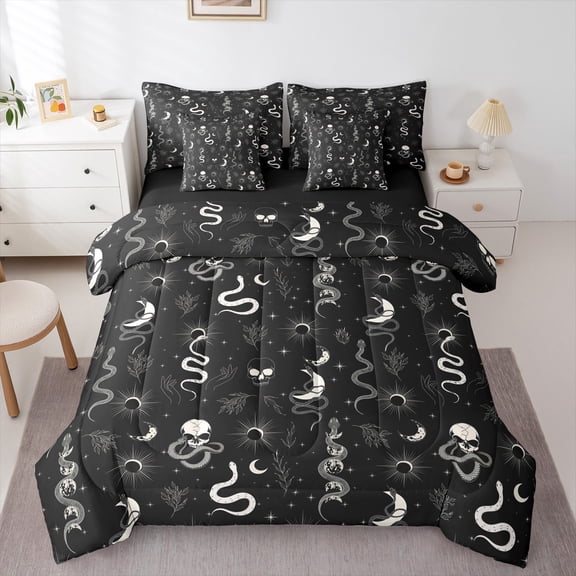 Homewish Skull Snake Bedding Comforter Set 7-Piece for Female Men Women,Bohemian Moon Sun King Bedding Sets,Gothic Style Ultra Soft Bed Sheets,Microfiber Bedroom Decor,Reversible