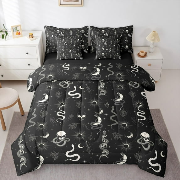 Homewish Skull Snake Bedding Comforter Set 7 Pieces for Female Men Women,Bohemian Moon Sun Full Bedding Set Lightweight,Gothic Style Fitted Sheet Flat Sheet,Microfiber Bedroom Decor,Reversible
