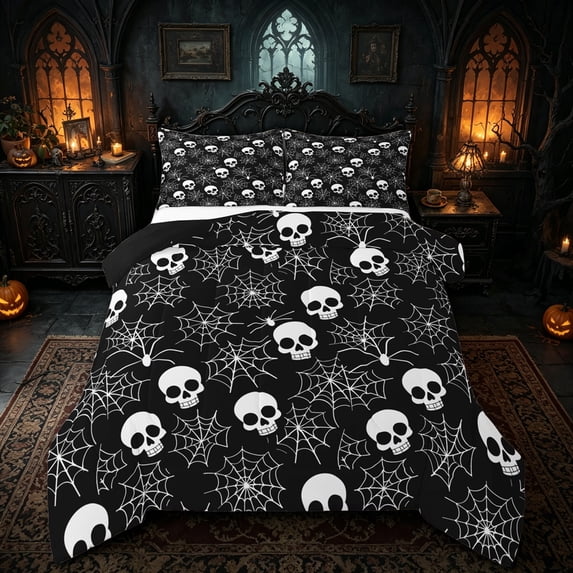 Homewish Skull Spider Web Queen Comforter Set for Kids, Gothic Halloween Theme Comforter Sets Queen, Black Reversible, 3 Pieces, 1 Comforter and 2 Pillowcases