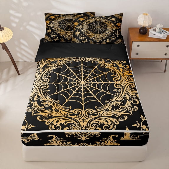 Homewish Skull Spider Web Zipper Full Size Comforter Sets with Fitted Sheet and 2 Pillowcases,Baroque Damask Zipper Bedding Set,Black Golden,Halloween Bed Set,Black Reversible,4pcs