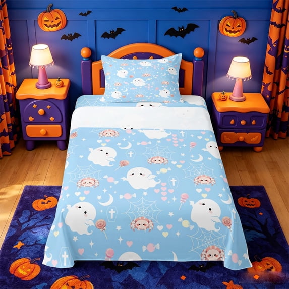 Homewish Sky Halloween Ghost Twin Sheets,Cute Pink Heart Candy Print Bedding,Baby Blue,3pcs,1 Fitted Sheet and 1 Pillowcase