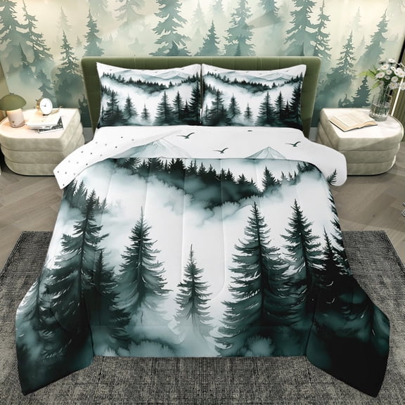 Homewish Smoky Jungle Woodland Full Size Comforter Sets 3-Piece for Kids Teens Adults,Botanical Plants Bedding Comforter Set,Green White Lightweight Bedding Sets,Microfiber Bedroom Decor,Reversible