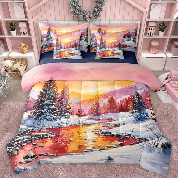 Homewish Snow Mountain 7-Piece Bedding Comforter Set,Rustic Farmhouse Cabin King Bedding Sets,Orange Sunset Bed Sheets For Girls,Ultra Soft Home Decor Reversible