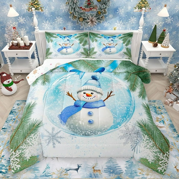Homewish Snowman Snowflake 3-Piece Full Size Comforter Sets for Preppy Children Teens,Happy Xmas Christmas Bedding Comforter Set,Green Tree Leaves Lightweight Bedding Sets,Lightweight Room Decor