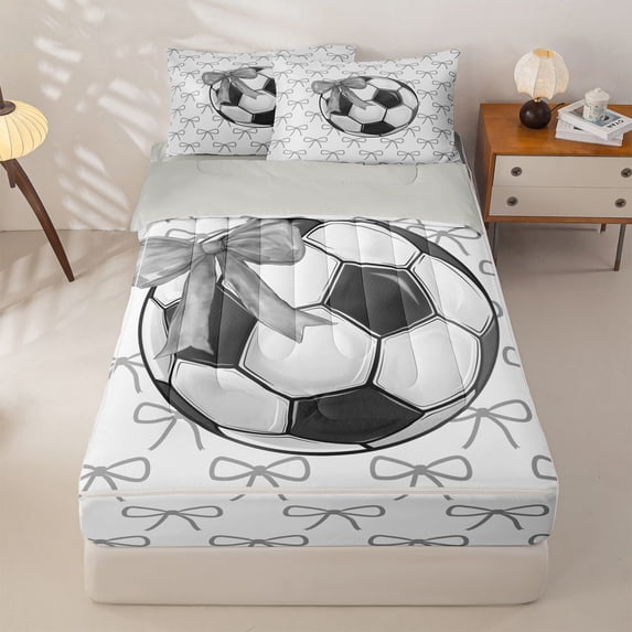 Homewish Soccer Ball Games Zipper Full Size Comforter Sets with Fitted Sheet and 2 Pillowcases For Kids,Cartoon Bowknot Pattern Zipper Bedding Set For Kids Girls,Lightgray Reversible,4 Pieces
