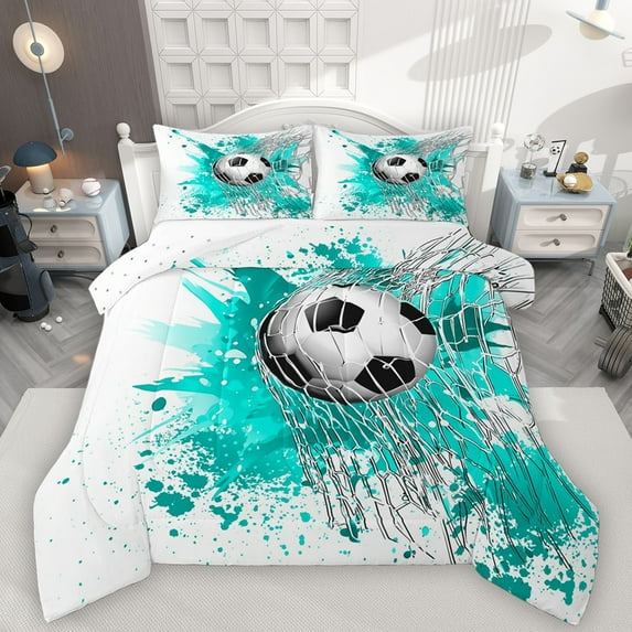 Homewish Soccer Football Print 2pcs Bedding Comforter Set For Teens,Teal Watercolor Splash Twin Comforter Sets,Sport Ball Game Breathable Bedding Set,Luxury Bedroom Decor,Reversible