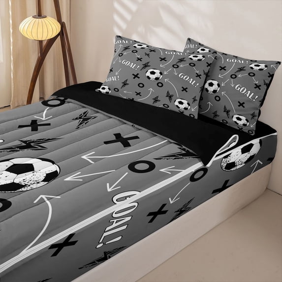 Homewish Soccer GOAL Zipper Full Size Comforter Sets with Fitted Sheet and 2 Pillowcases, Gray Stripes Zipper Bedding Set for Boys and Girls, Black Reversible, 4 Pieces