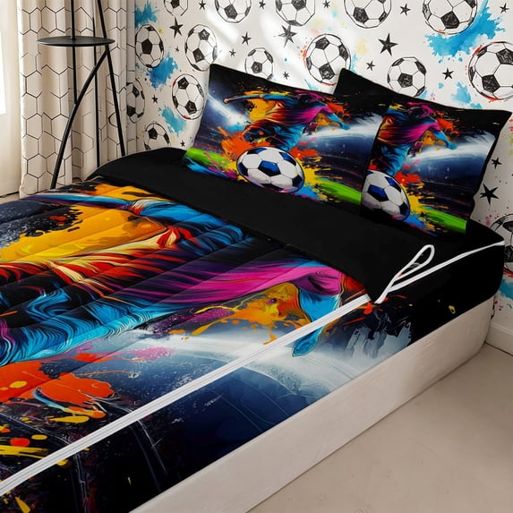 Homewish Soccer Graffiti Splash Zipper Twin Comforter Sets with Fitted Sheet and 2 Pillowcases,Boys Girls Sport Gamer Zipper Bedding Set,4-Piece,Black Reversible