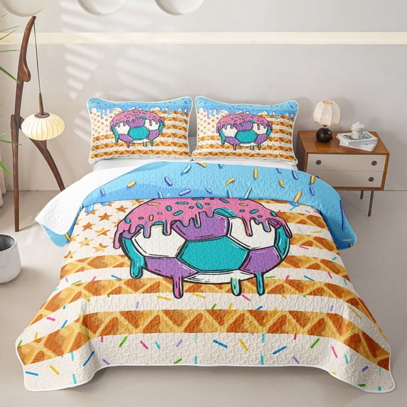 Homewish Soccer Ice Cream Drip Quilt King,Waffle Us Flag King Coverlet Set,3-Piece