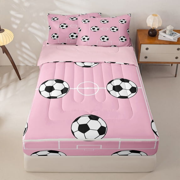Homewish Soccer Kids Zipper Full Size Comforter Sets with Fitted Sheet and 2 Pillowcases,Football Lovers Ball Games Zipper Bedding Set For Boys Teens,Pink Reversible,4 Pieces