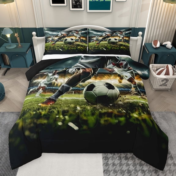 Homewish Soccer Print Boy 3 Pieces Queen Comforter Set,Ball Game Ultra Soft Bedding Sets,Football Sport Gamer Bedding Comforter Set Breathable,Breathable Home Decor,Reversible