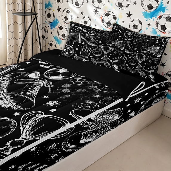 Homewish Soccer Print Zipper Twin Comforter Sets with Fitted Sheet and 2 Pillowcases for Boys Girls,Sport Football Zipper Bedding Set,4-Piece,Black Reversible