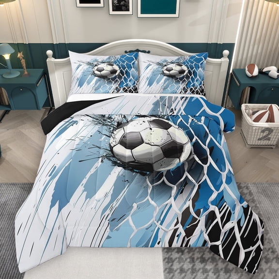 Homewish Soccer Sport Full Size Comforter Sets,Football Game Bedding Comforter Set,Blue Black Honeycomb Bedding Sets For Boys Kids,Ultra Soft Home Decor Reversible,3-Piece