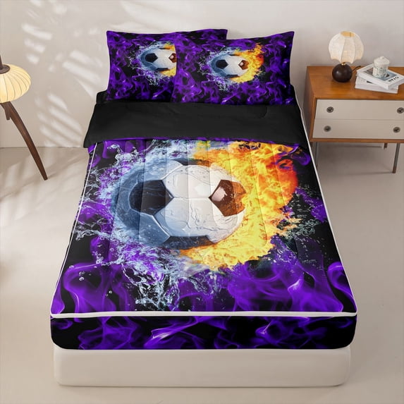 Homewish Soccer Sport Theme Zipper Twin Comforter Sets with Fitted Sheet and 2 Pillowcases,Football Game Zipper Bedding Set For Ball Lovers,Black Reversible,4 Pieces