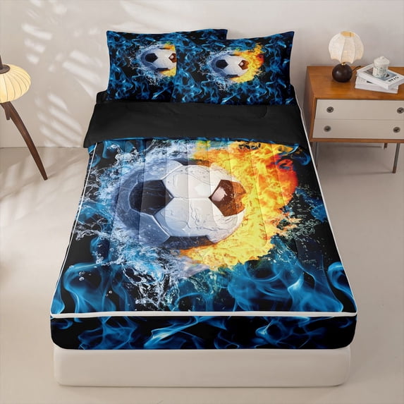 Homewish Soccer Theme Zipper Twin Comforter Sets with Fitted Sheet and 2 Pillowcases,Boys Ball Sport Zipper Bedding Set For Kids,Black Reversible,4-Piece
