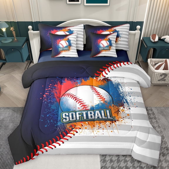 Homewish Softball Sport 7 Pieces Bedding Comforter Set,Watercolor Splashing Ink Full Bedding Set,Gray White Striped Fitted Sheet Flat Sheet For Kids,Breathable Home Decor Reversible