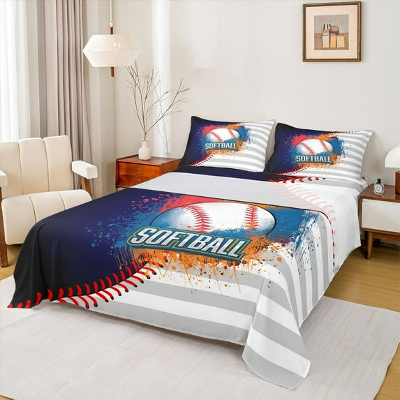 Homewish Softball Sport Bed Sheets,Watercolor Splashing Ink King Sheets,Gray White Striped Sheet Set For Kids,Breathable Home Decor,4 Pieces