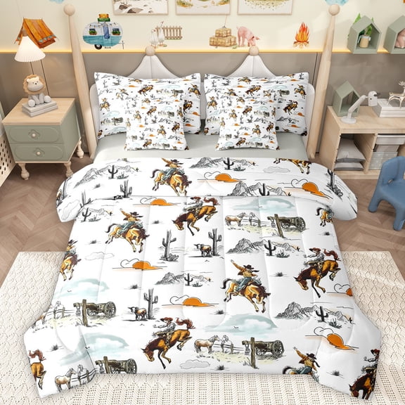 Homewish Southwest Cowboys 7-Piece Bedding Comforter Set,Rustic Farmhouse Cabin King Bedding Sets,Tropical Desert Cactus Bed Sheets For Boys Kids,Breathable Home Decor Reversible