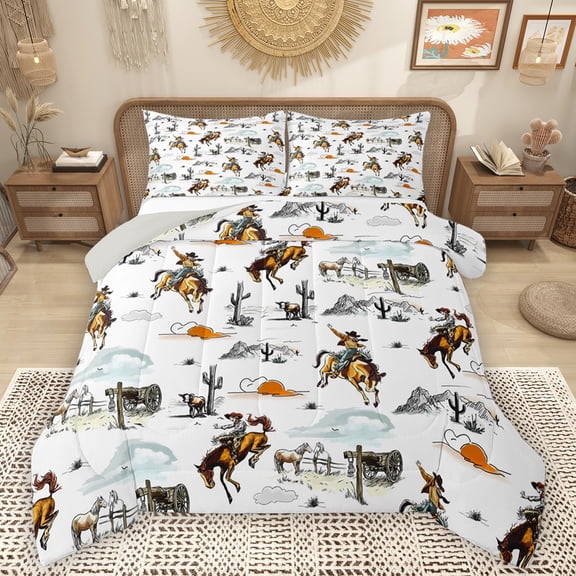 Homewish Southwest Cowboys Full Size Comforter Sets,Rustic Farmhouse Cabin Bedding Comforter Set,Tropical Desert Cactus Bedding Sets For Boys Kids,Breathable Home Decor Reversible,3pcs