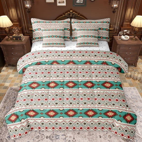 Homewish Southwestern Aztec Geometric 7-Piece Twin Bedding Sets,Retro Rhombus Stripe Bedding Comforter Set,Beige Cyan Sheet Sets For Boys Kids,Microfiber Bedroom Decor Reversible