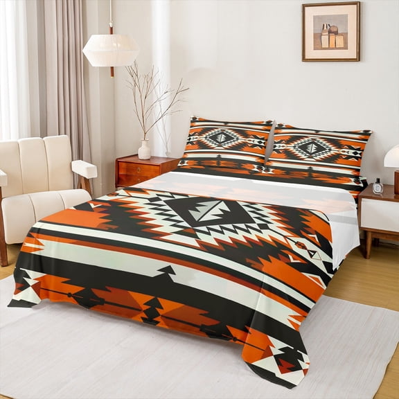 Homewish Southwestern Aztec Geometric Bed Sheets,Rustic Boho Rhombus King Sheets,Orange Black Sheet Set For Adult,Ultra Soft Home Decor,4pcs